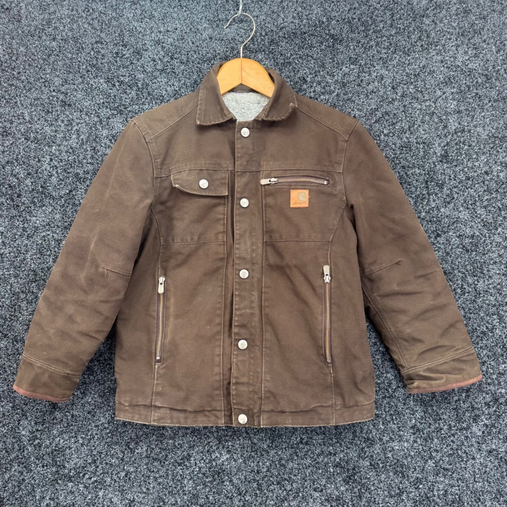 Carhartt Youth Boys Brown Sherpa Lined Canvas Jacket Size M 10-12 RN 13706